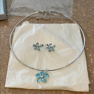 Vintage 2003 Avon Blue Flower Coil Silver Necklace with Matching Earrings